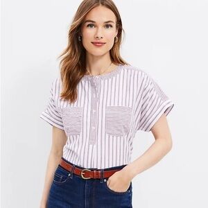 LOFT Dolman Sleeve Striped Button Front Cotton Top in White and Burgundy
